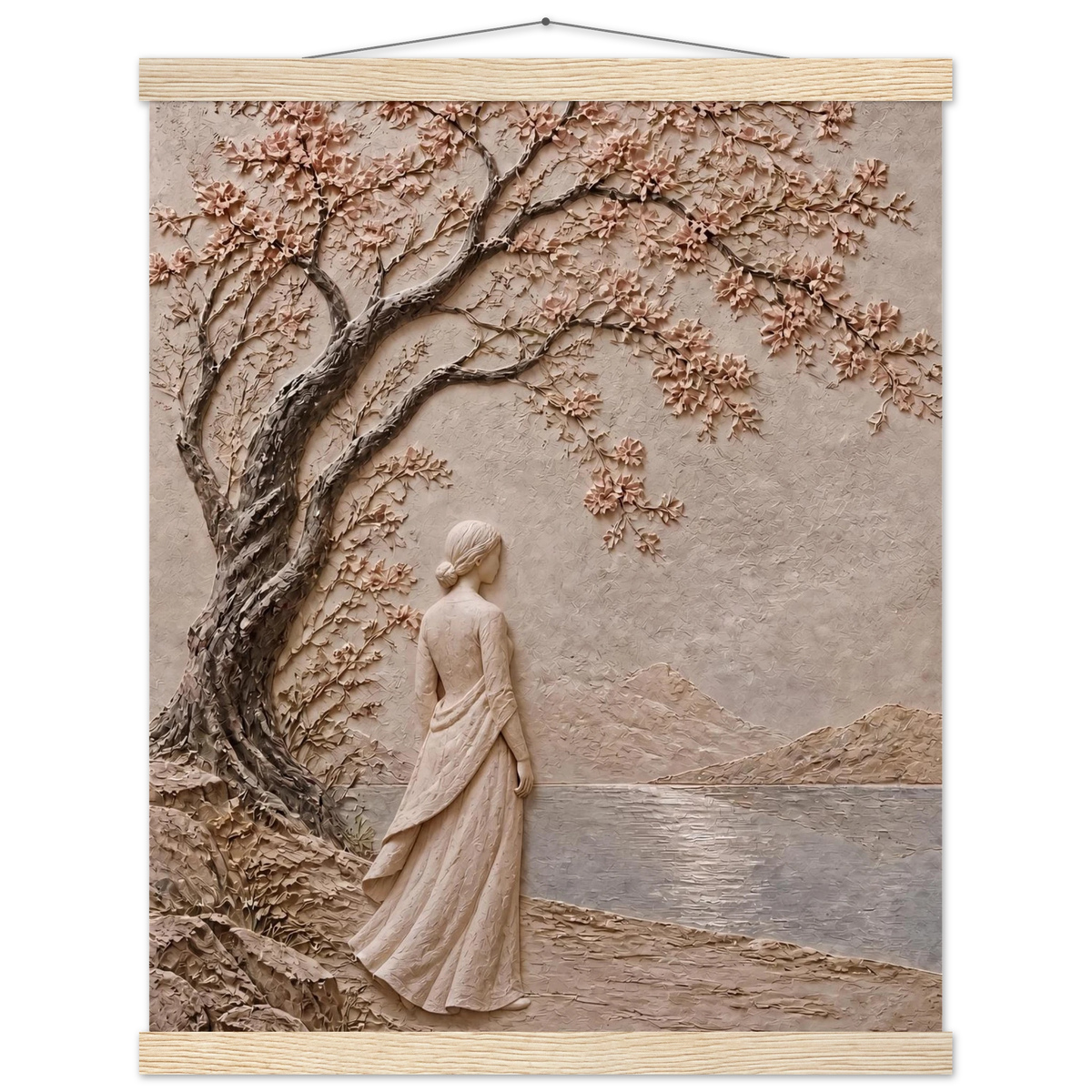 Spring Walk: impasto, lake and blossoming tree. Museum-quality fine art poster.