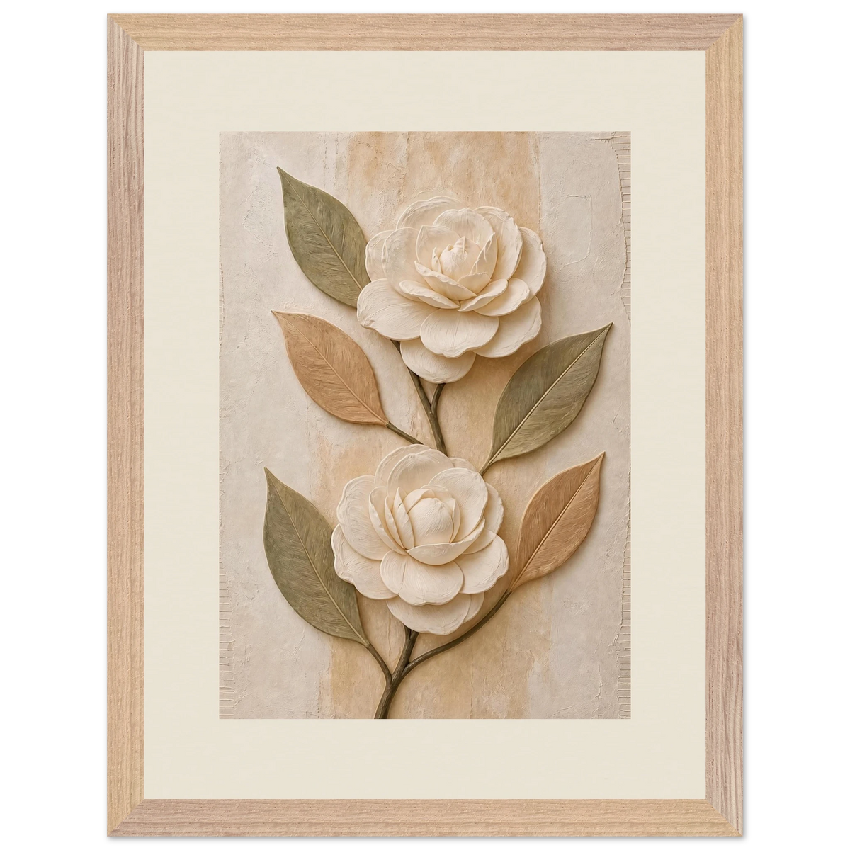 Carved Camellia: flowers and botanical. Framed fine art print, alternate frame and size.
