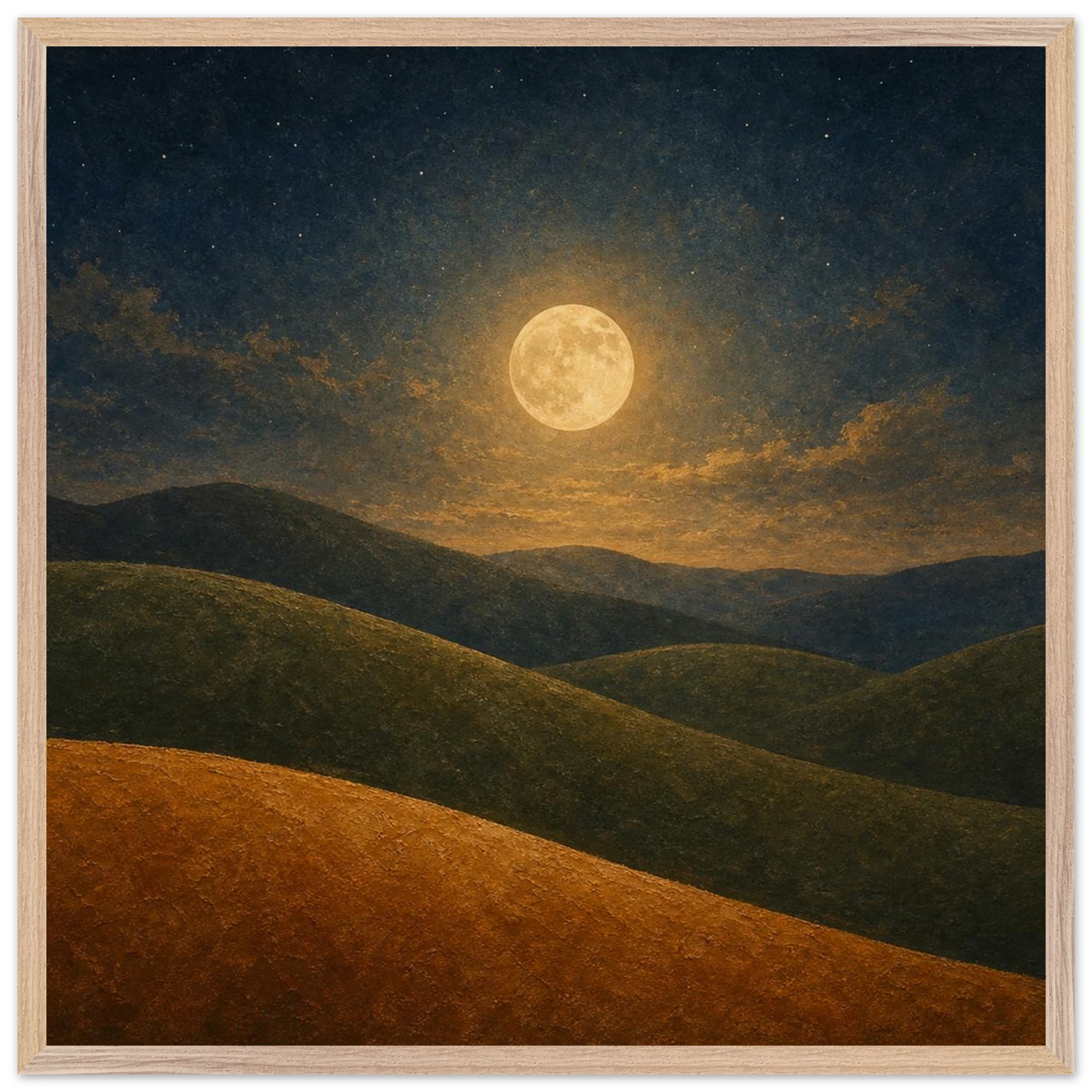 Moon Hills: night, minimalist landscape and charcoal. Framed fine art print by The Light Stays.