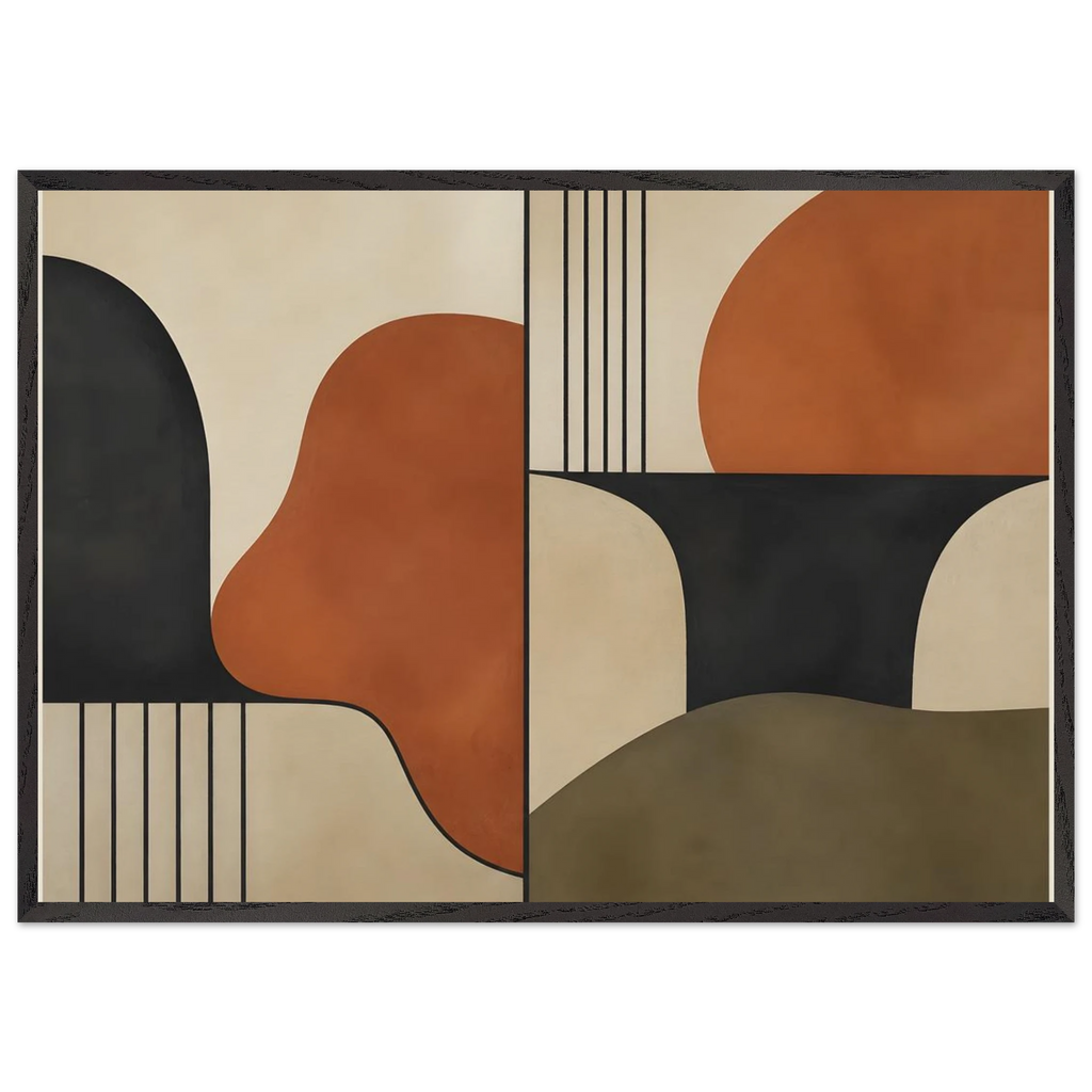 Compass and Clay: geometric abstract, clay and curves. Framed fine art print, alternate frame and size.