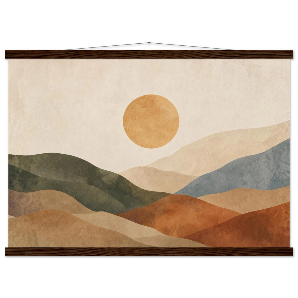 Pôster Clay Sun com suporte de madeira, sol quente sobre colinas em tons de terra