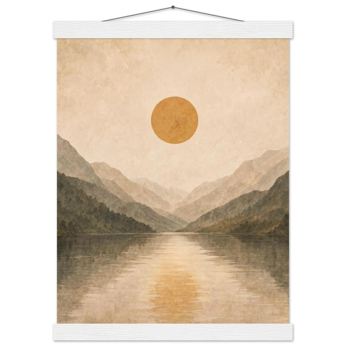 Lake Mirror: mountains, sunset and sun reflection. Fine art poster with wooden hanger by The Light Stays.