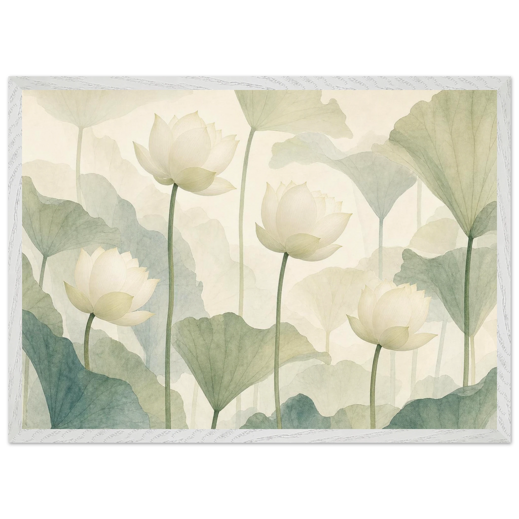 Ivory Lotus Screen, flowers and botanical. Archival framed fine art print shown framed.