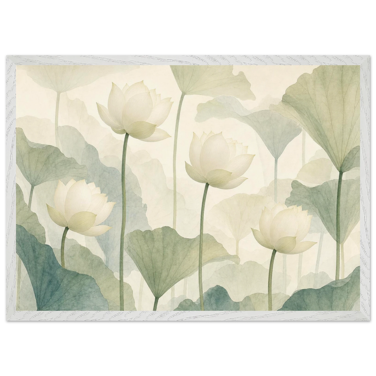 Ivory Lotus Screen, flowers and botanical. Archival framed fine art print shown framed.