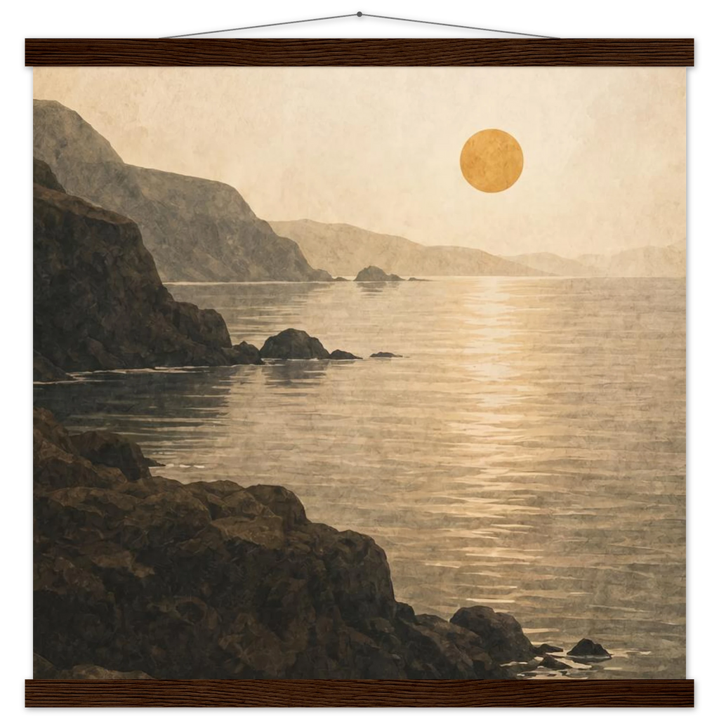 Pôster Amber Coast com suporte de madeira, pôr do sol em tons quentes sobre a costa