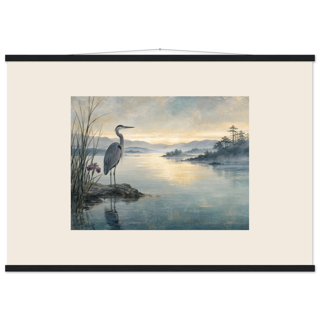 Heron at Dawn, japanese art and japandi. Archival fine art poster shown framed.