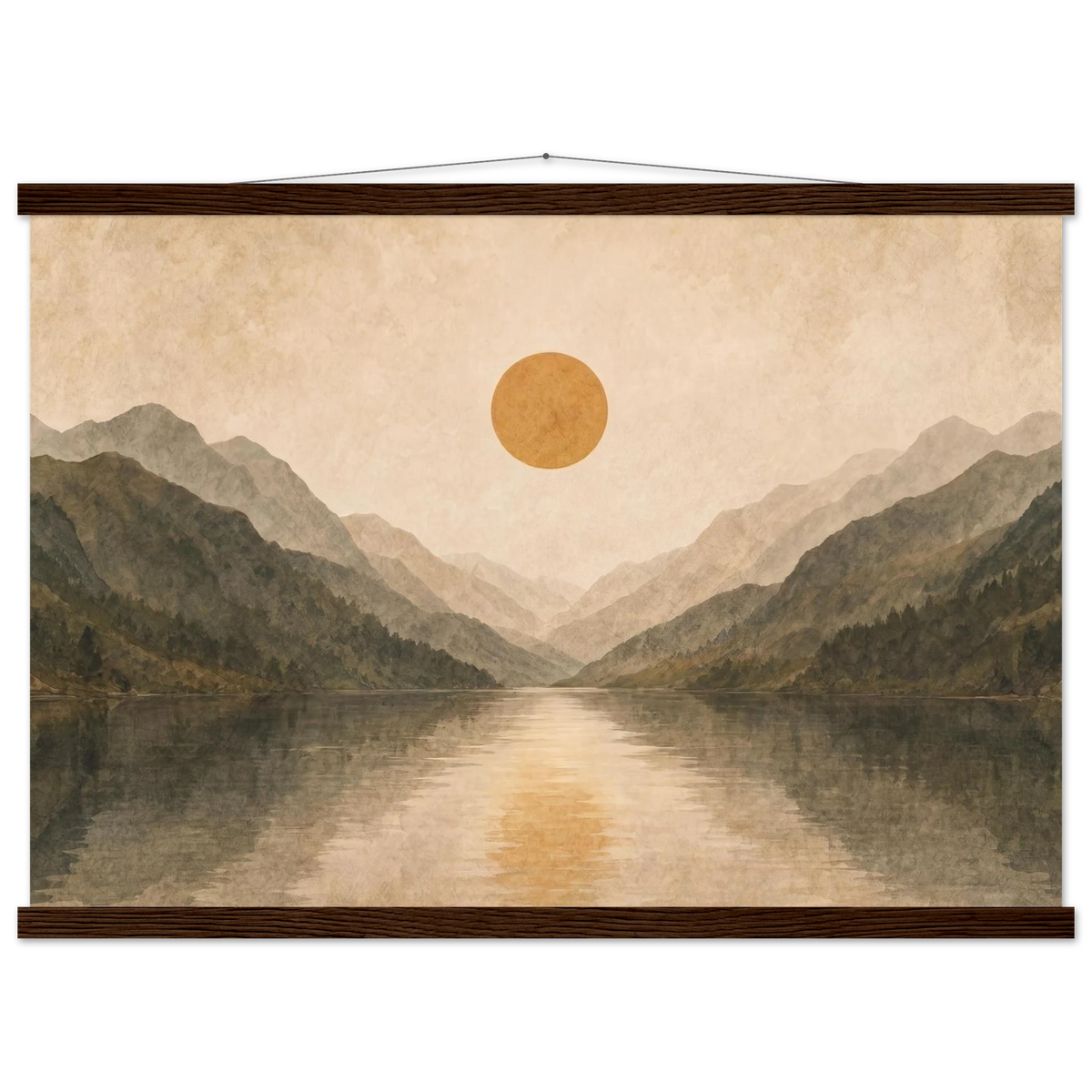 Lake Mirror: mountains, sunset and sun reflection. Fine art poster with wooden hanger by The Light Stays.