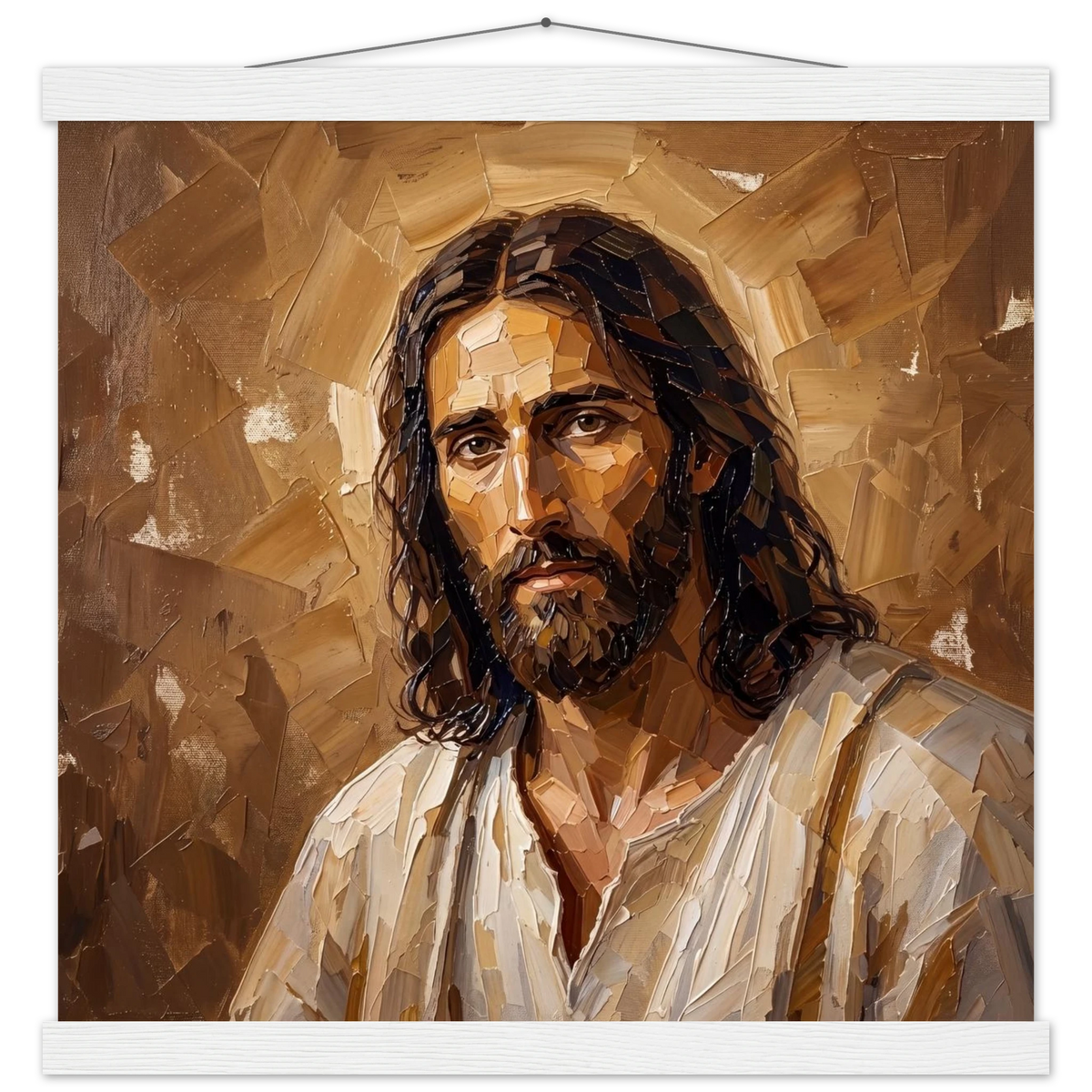 Kind Eyes: jesus, faith and serene gaze. Fine art poster with wooden hanger by The Light Stays.