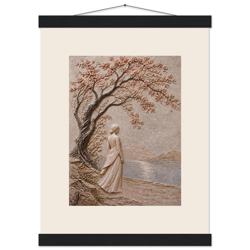 Spring Walk: impasto, lake and blossoming tree. Fine art poster by The Light Stays.