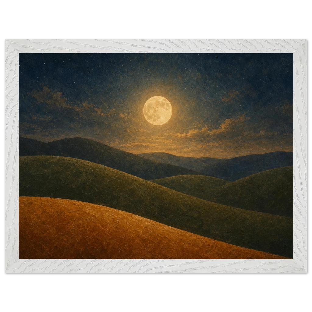 Quadro emoldurado Colinas da Lua, lua cheia sobre colinas em oliva e argila