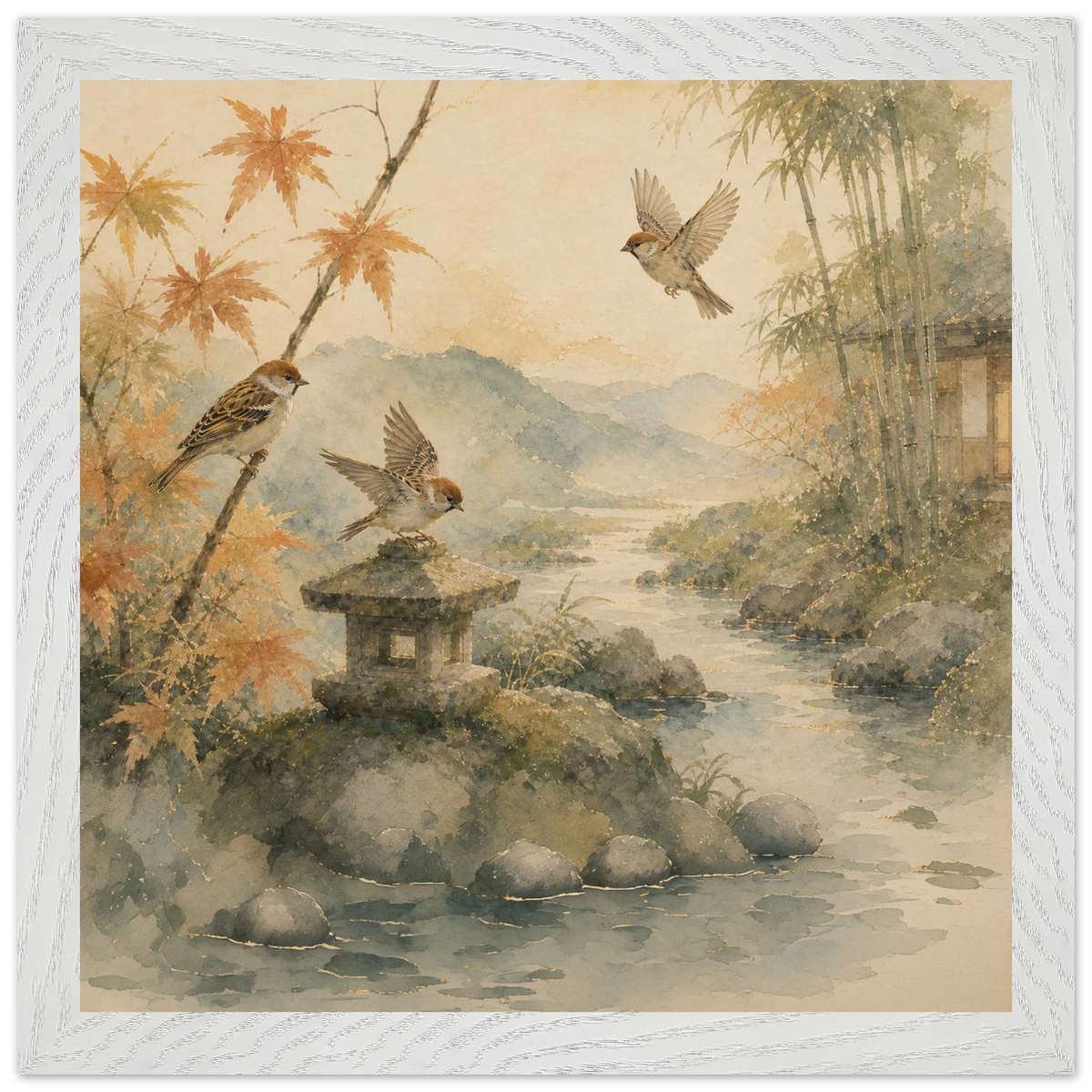 Three Birds Morning: birds, japanese landscape and japandi. Framed fine art print by The Light Stays.