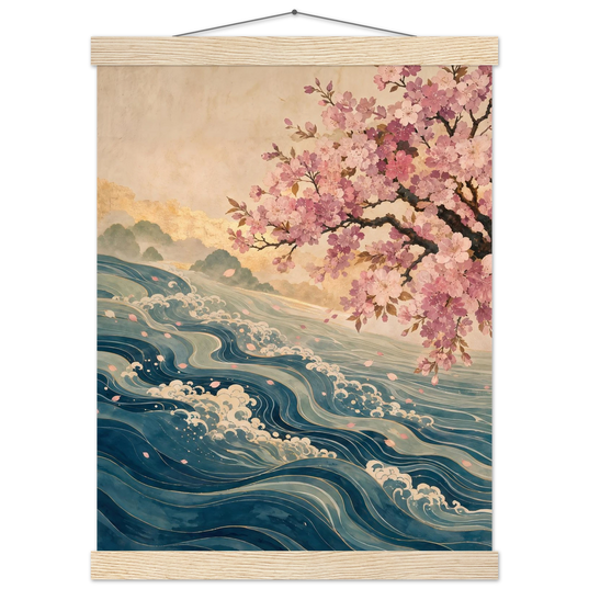 Blossom Tide: japanese art, cherry blossom and wave. Fine art poster with wooden hanger by The Light Stays.