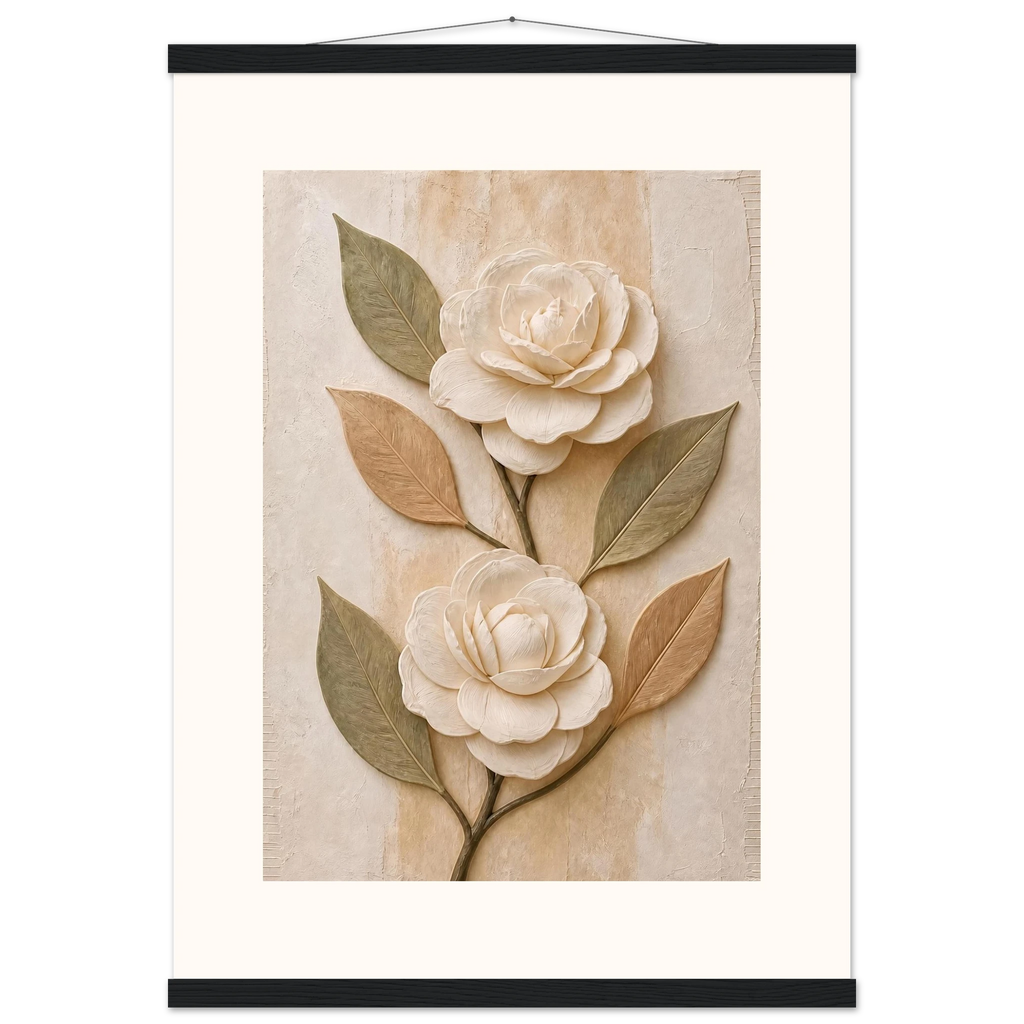 Carved Camellia, flowers and botanical. Archival fine art poster shown framed.
