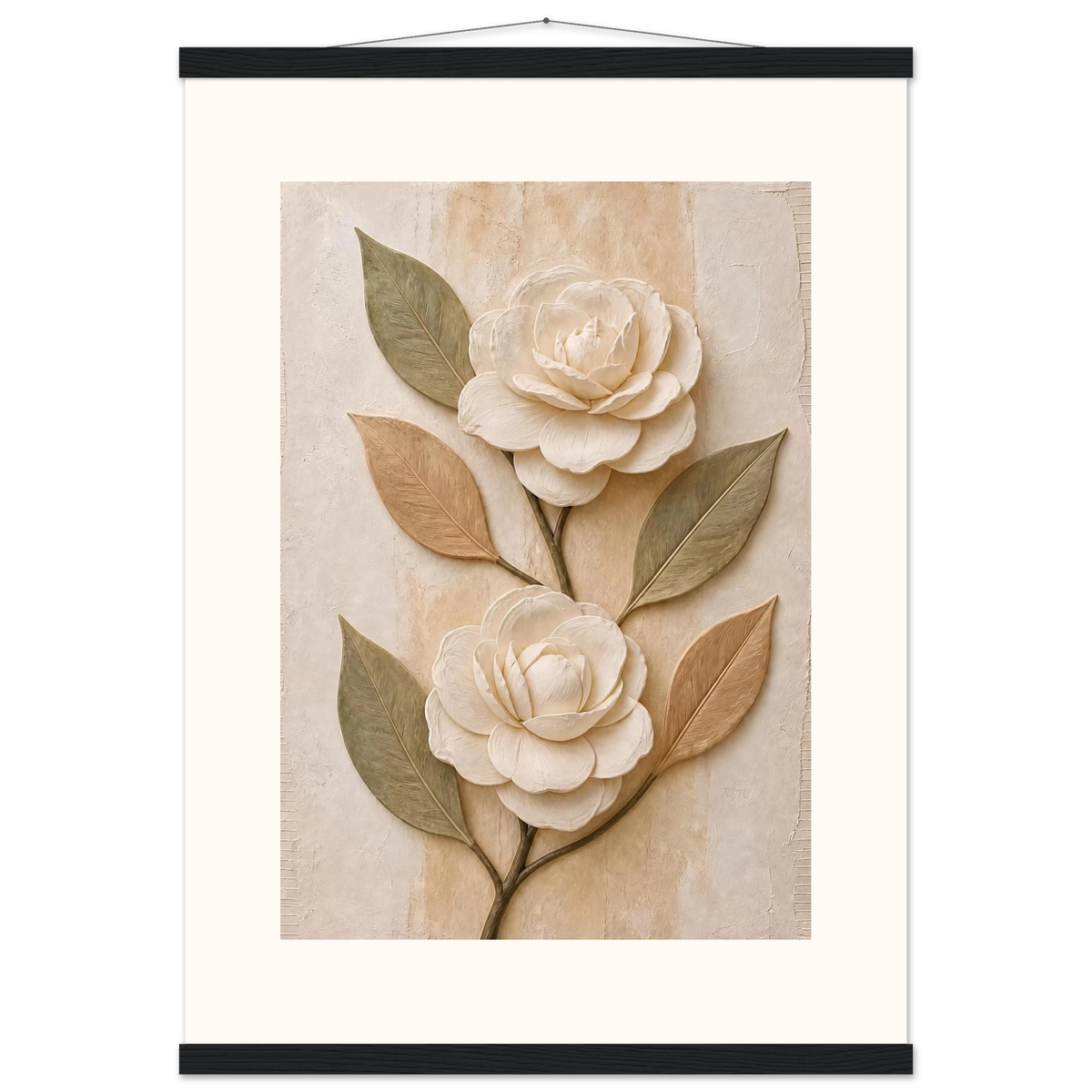 Carved Camellia, flowers and botanical. Archival fine art poster shown framed.