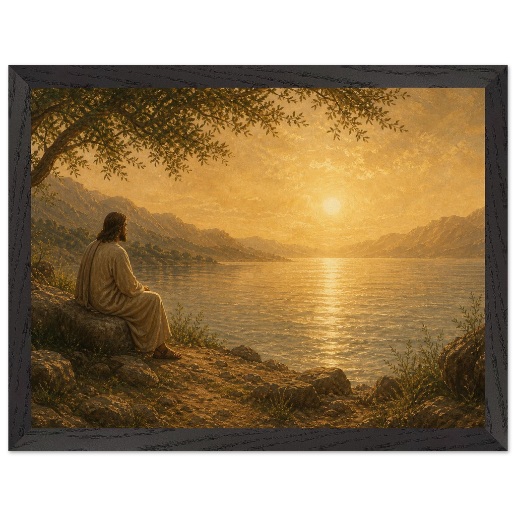 Quadro cristão Bênção do Lago, Jesus sob uma oliveira diante de um lago dourado