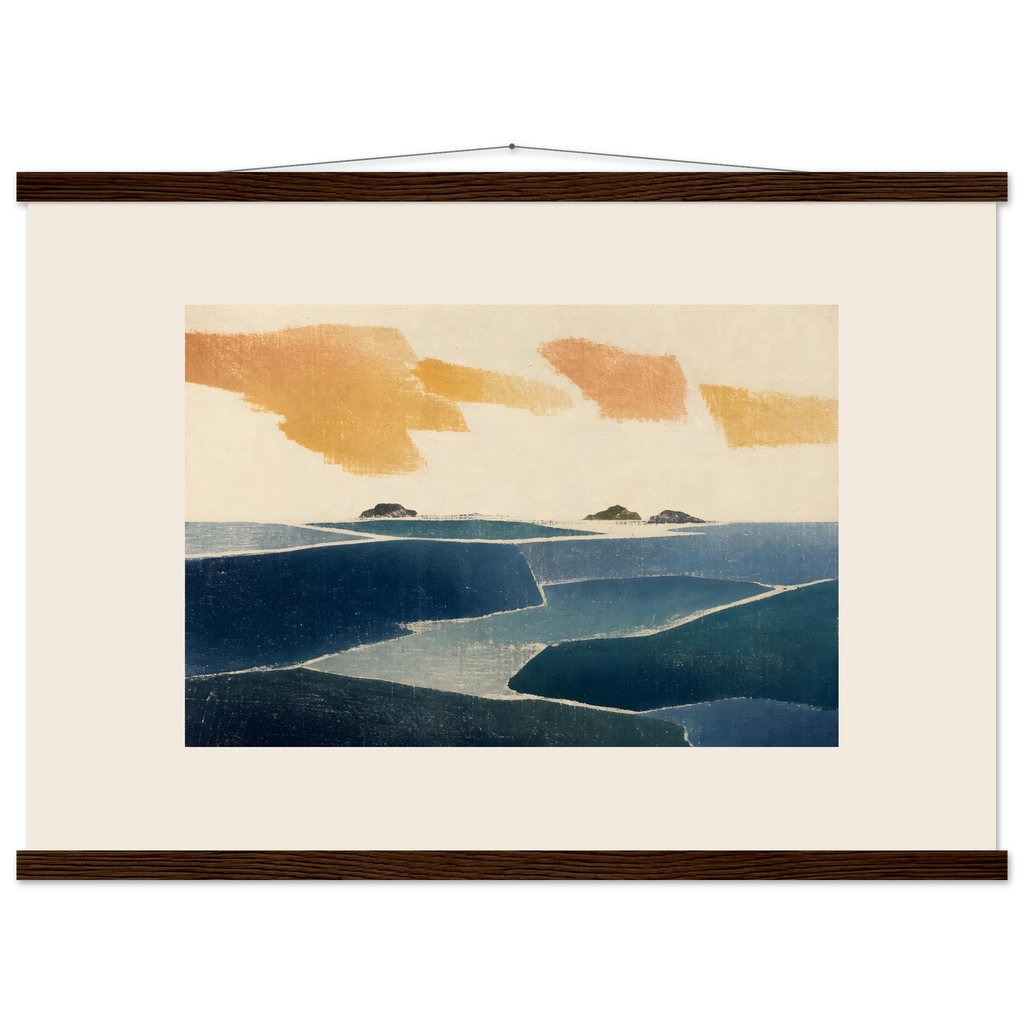 Amber and Indigo: abstract, coastline and color field. Fine art poster, alternate frame and size.