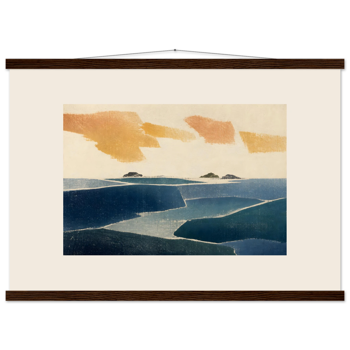 Amber and Indigo: abstract, coastline and color field. Fine art poster, alternate frame and size.