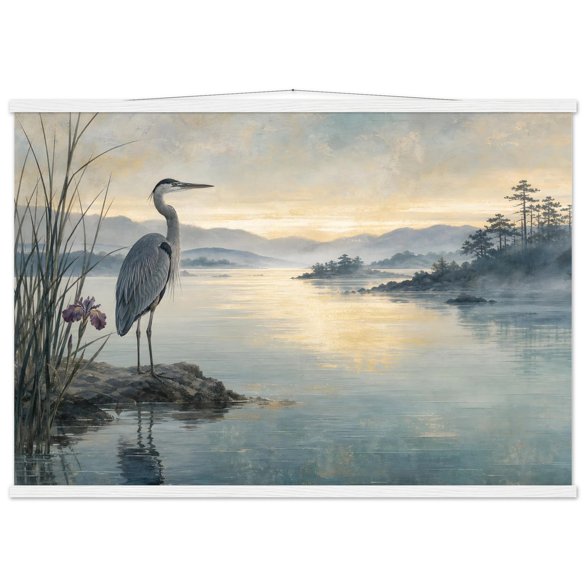 Heron at Dawn, japanese art and japandi. Archival fine art poster shown framed.