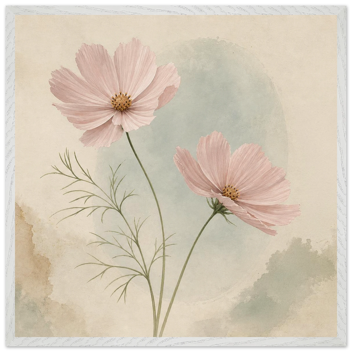Cosmos Unison: flowers, blush and celadon. Framed fine art print by The Light Stays.