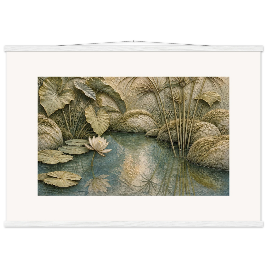Papyrus Pond, lake, papyrus and serene greens. Archival fine art poster shown framed.