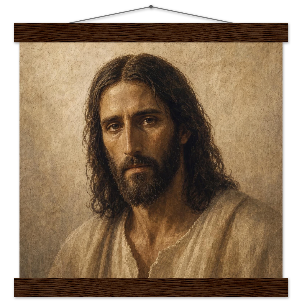 Pôster Kind Eyes com suporte de madeira, retrato sereno de Jesus em luz quente