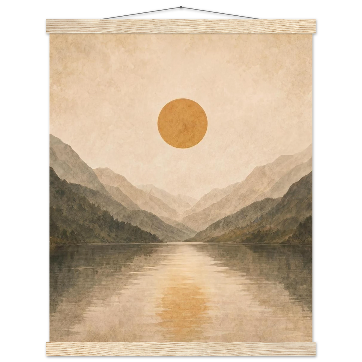 Lake Mirror: mountains, sunset and sun reflection. Fine art poster with wooden hanger by The Light Stays.