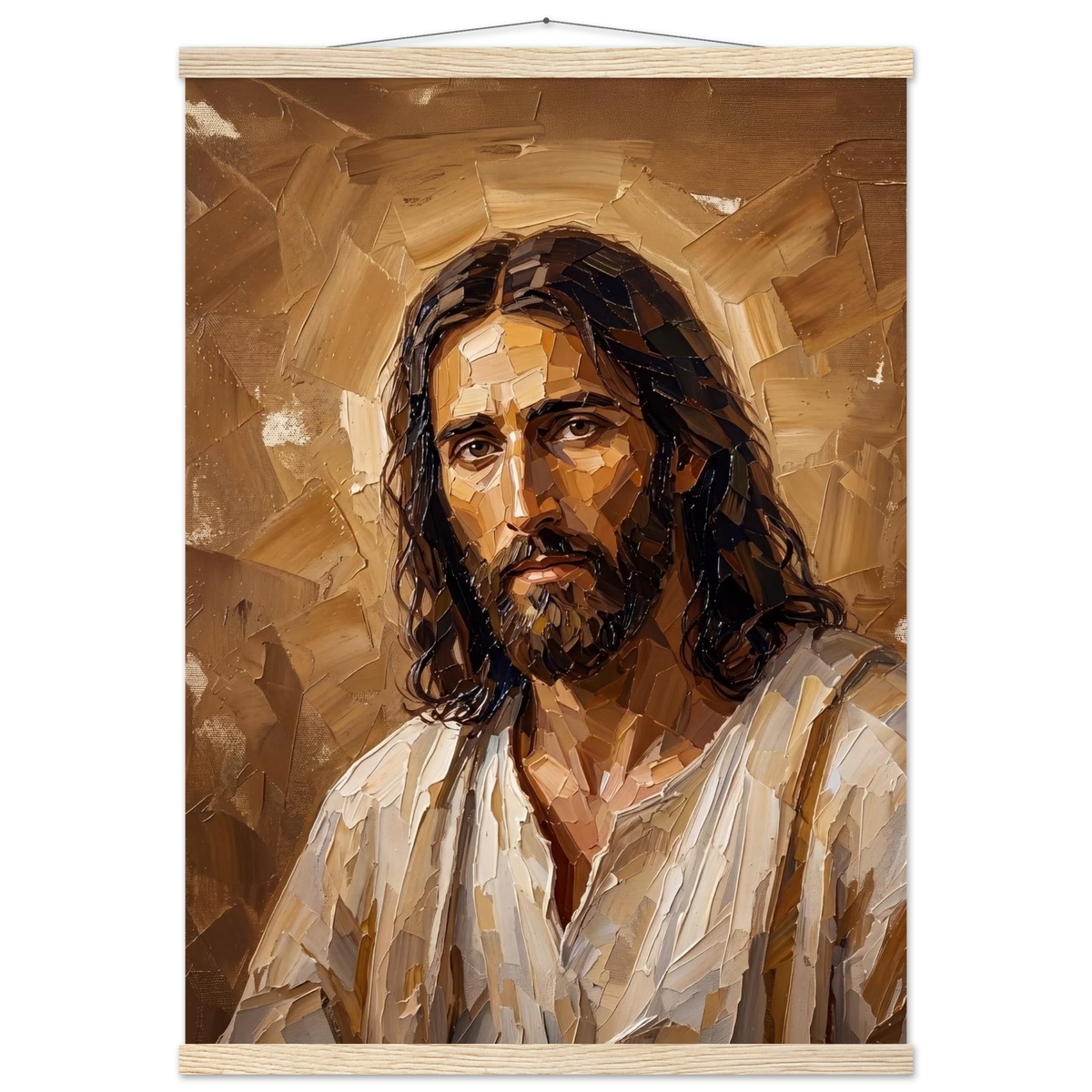 Kind Eyes: jesus, faith and serene gaze. Fine art poster with wooden hanger by The Light Stays.