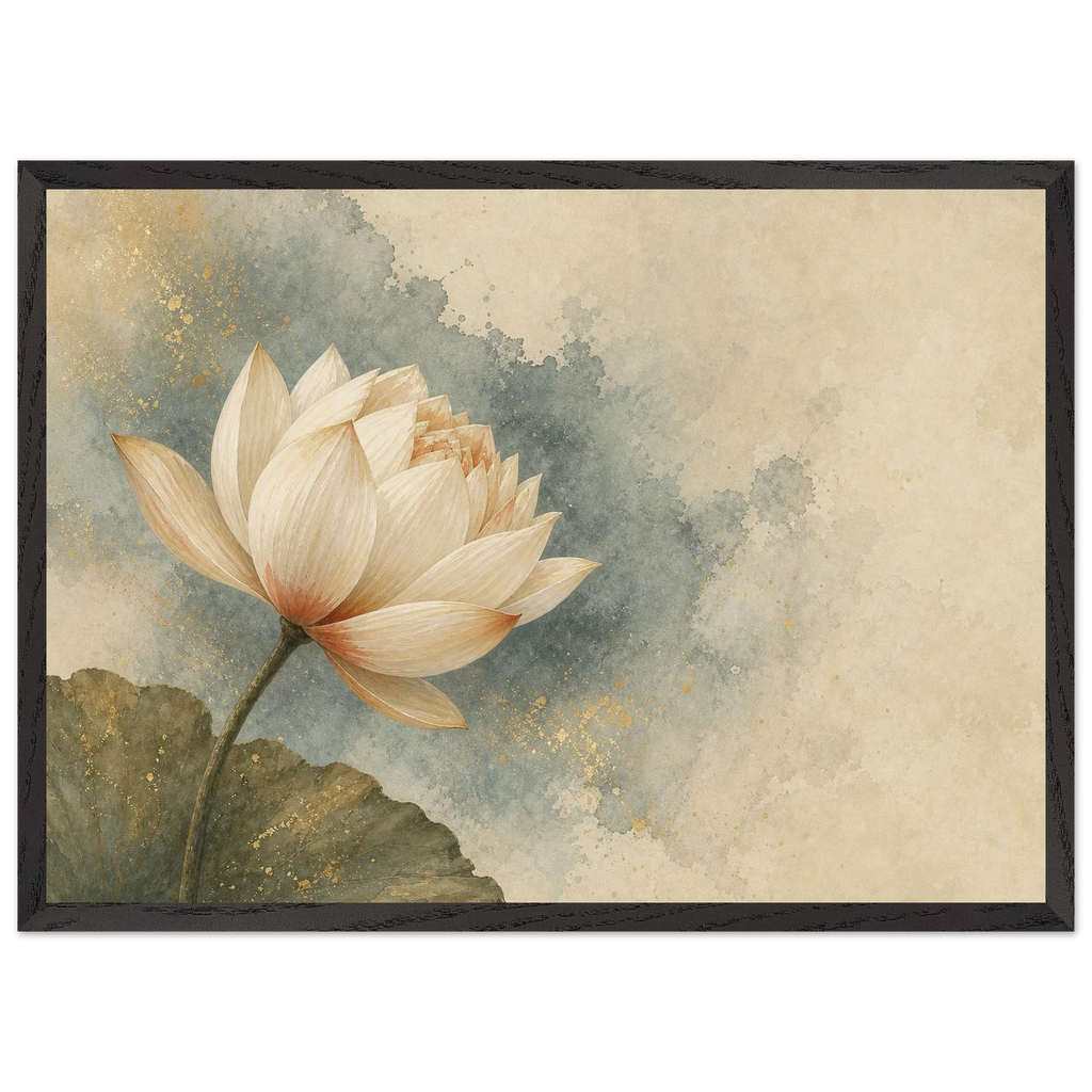 First Lotus Light, flowers and botanical. Archival framed fine art print shown framed.