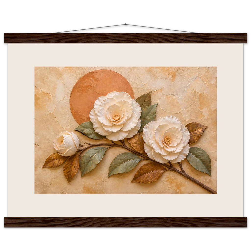 Camellia Eclipse, flowers and botanical. Archival fine art poster shown framed.
