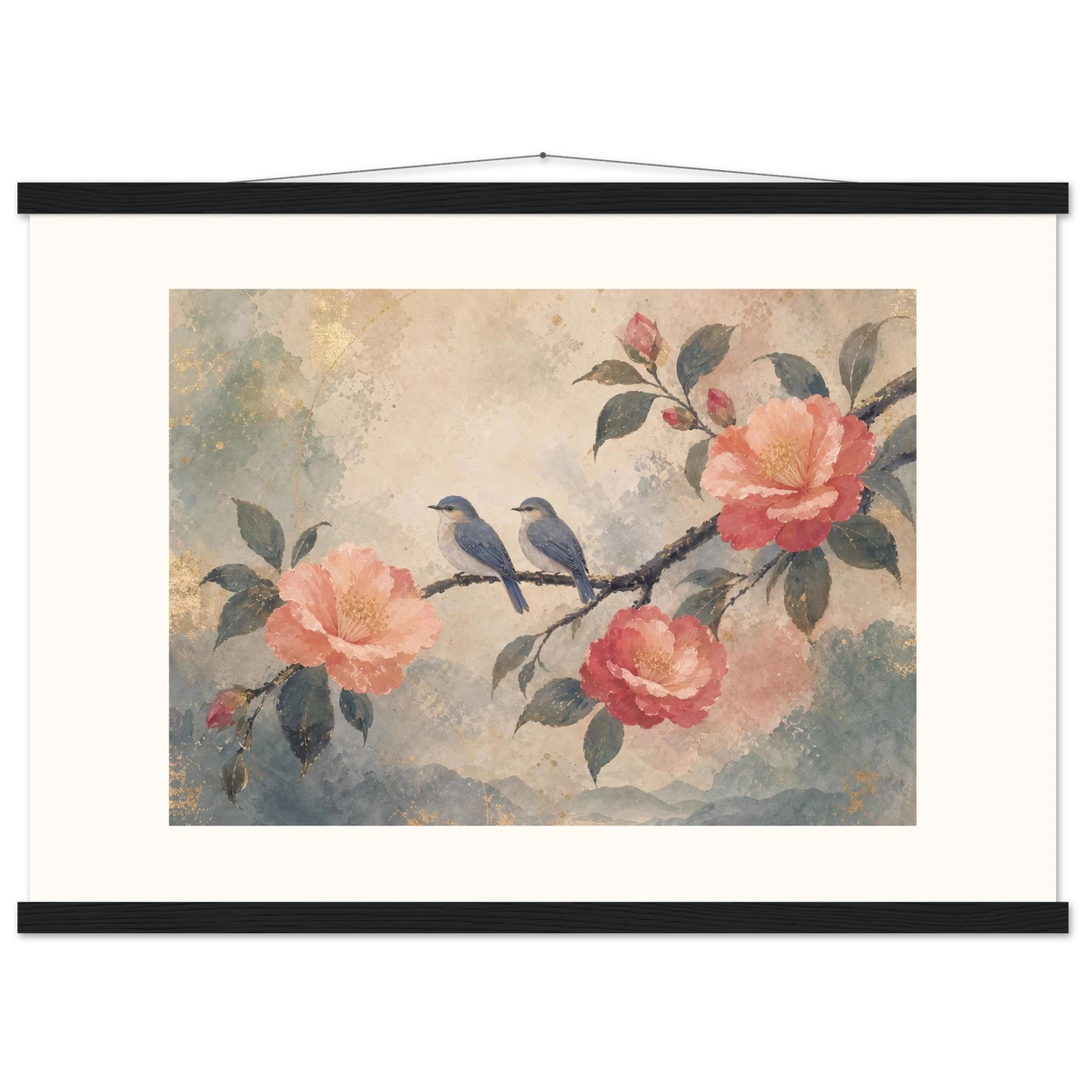 Camellia Birds: flowers and botanical. Museum-quality fine art poster.