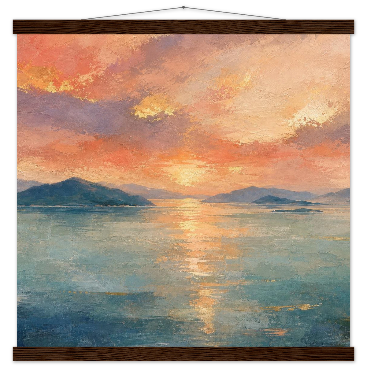 Setouchi Peach Dawn: inland sea, islands and golden reflection. Fine art poster with wooden hanger by The Light Stays.