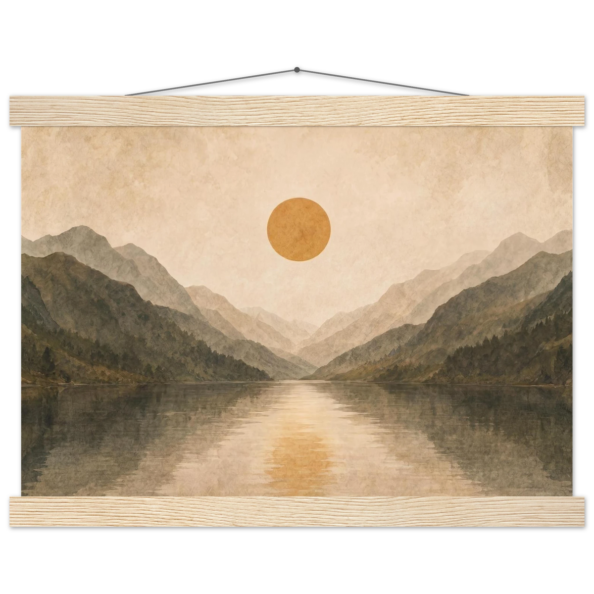 Lake Mirror: mountains, sunset and sun reflection. Fine art poster with wooden hanger by The Light Stays.