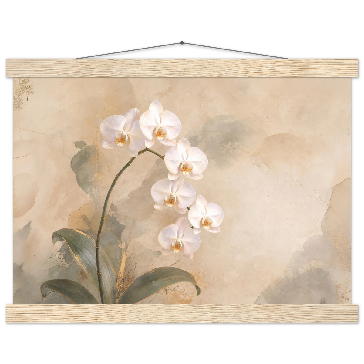 Orchid Luminance: botanical, pale gold and floral art. Fine art poster with wooden hanger by The Light Stays.