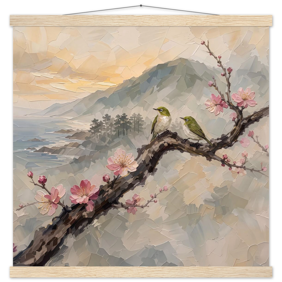Plum Branch Pair: birds, japanese landscape and japandi. Fine art poster with wooden hanger by The Light Stays.