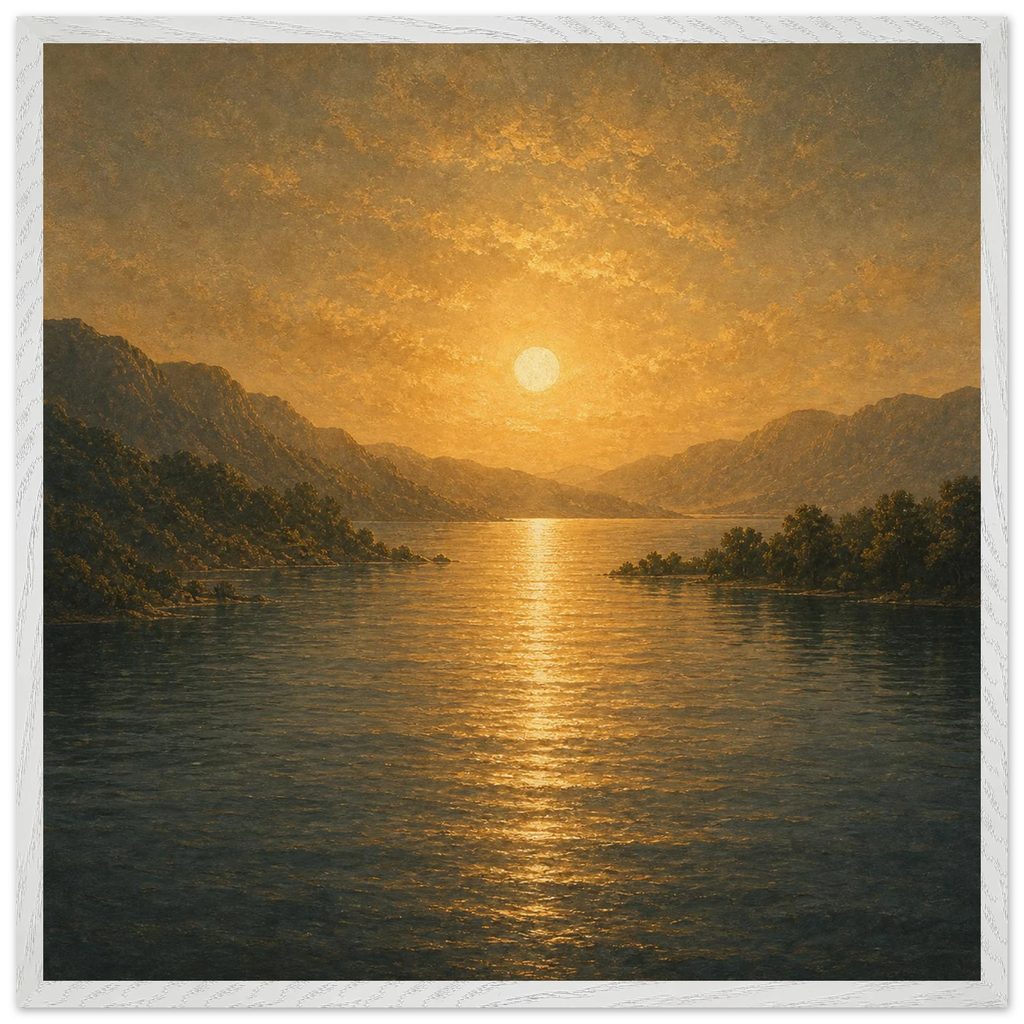 Quadro emoldurado Reflexo Dourado, lago e montanhas sob luz dourada