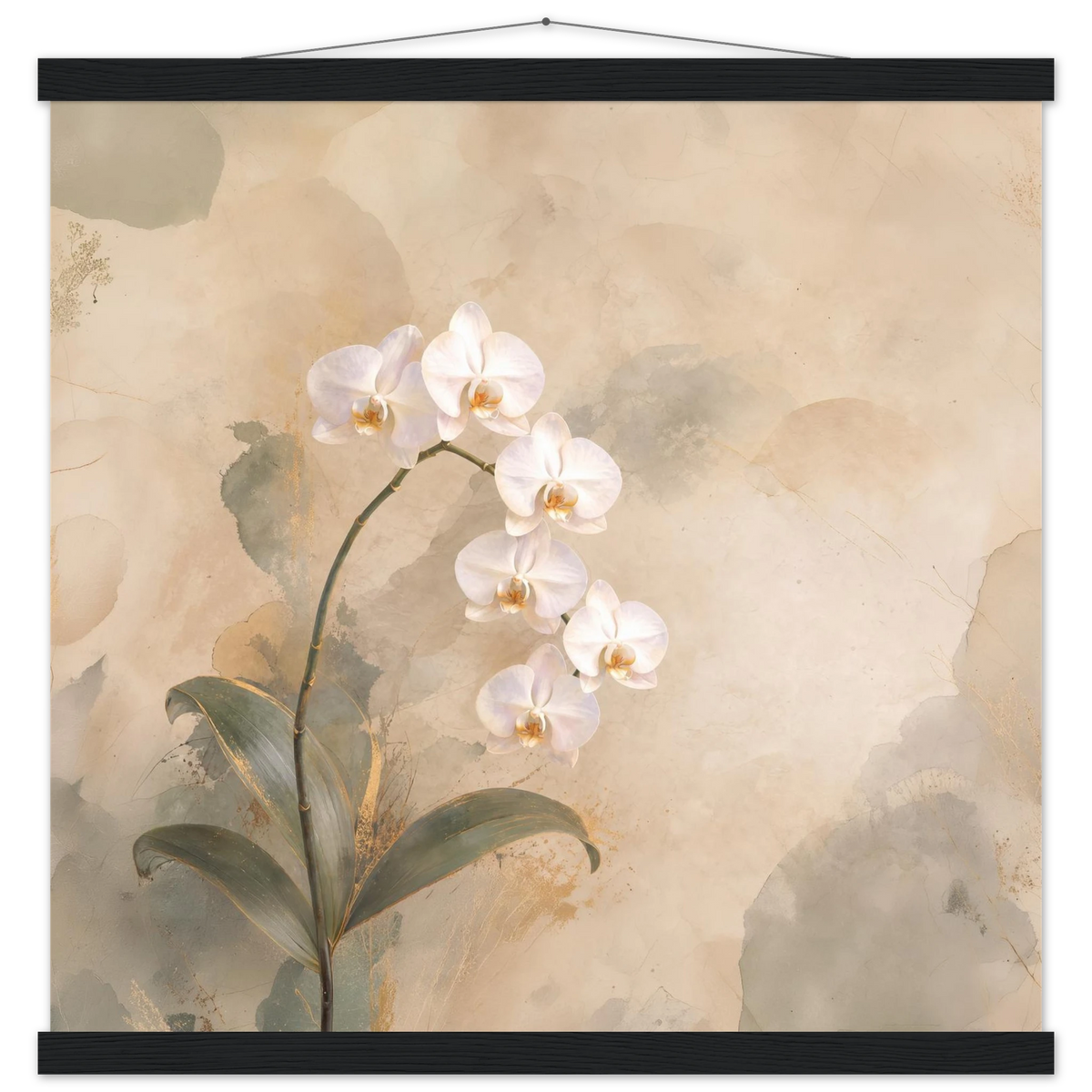 Orchid Luminance: botanical, pale gold and floral art. Fine art poster with wooden hanger by The Light Stays.