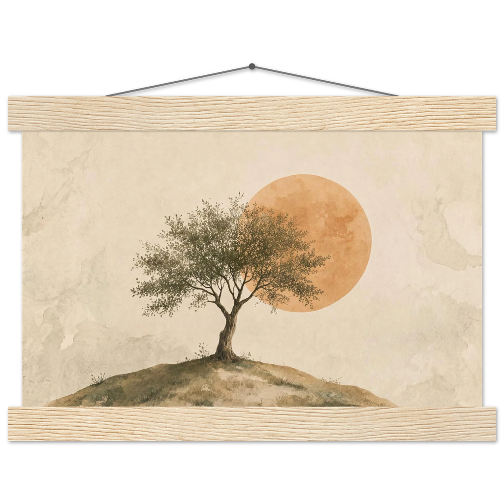 Pôster Olive Noon com suporte de madeira, oliveira diante de grande sol âmbar