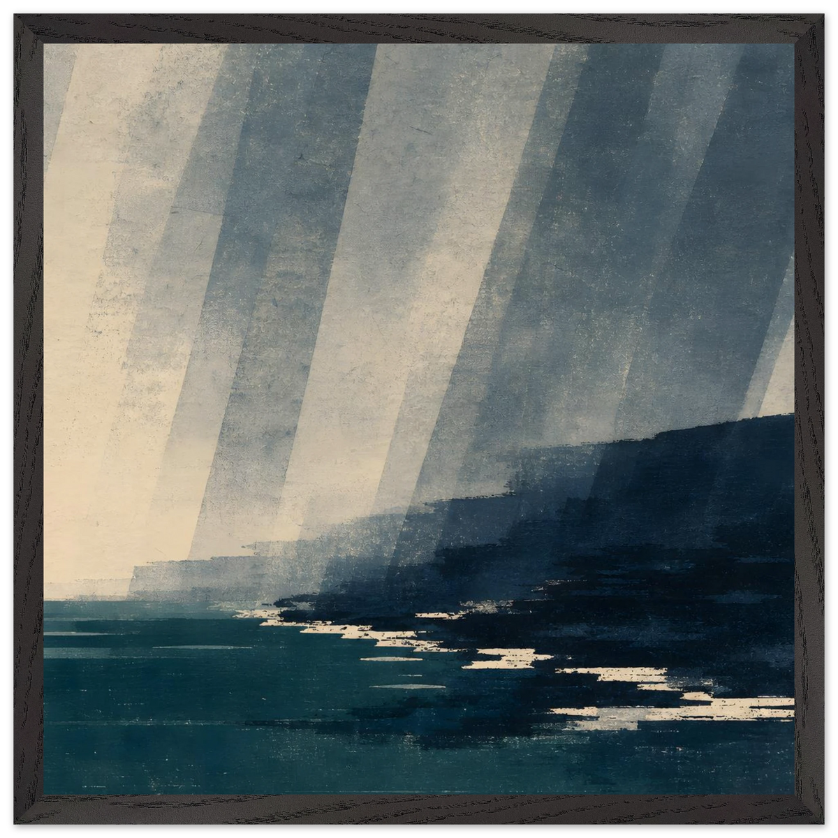 Rain Coast: japandi, teal blue and atmosphere. Framed fine art print by The Light Stays.