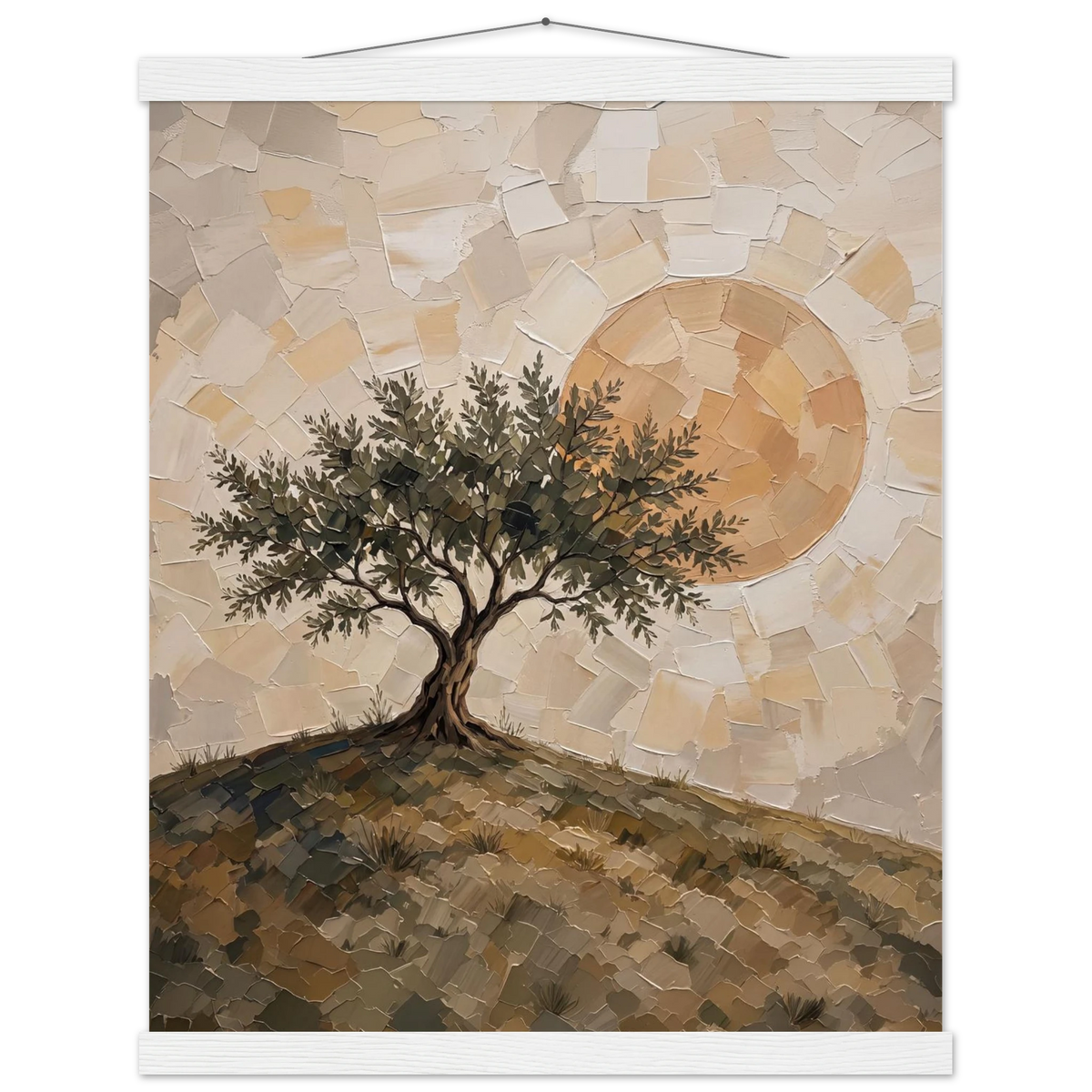 Olive Noon: hills, botanical and golden tones. Fine art poster with wooden hanger by The Light Stays.