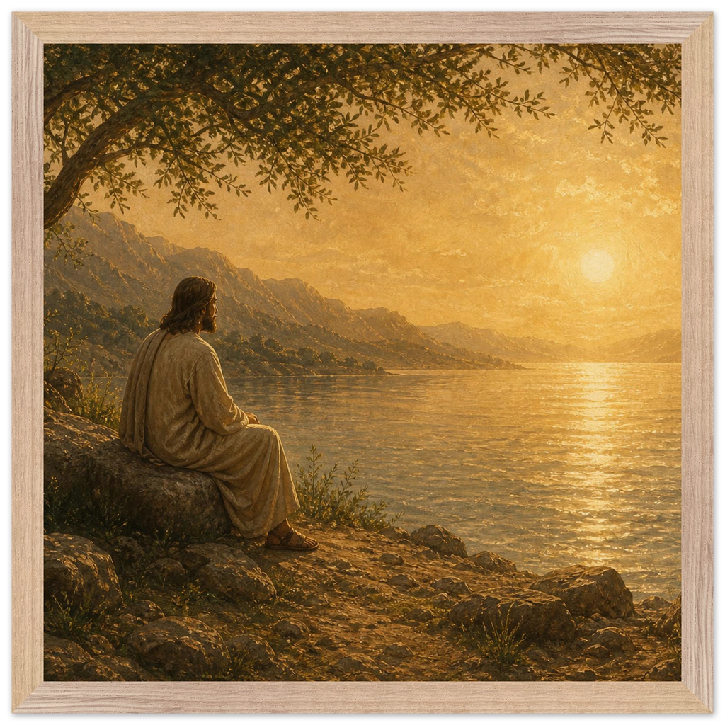 Quadro cristão Bênção do Lago, Jesus sob uma oliveira diante de um lago dourado