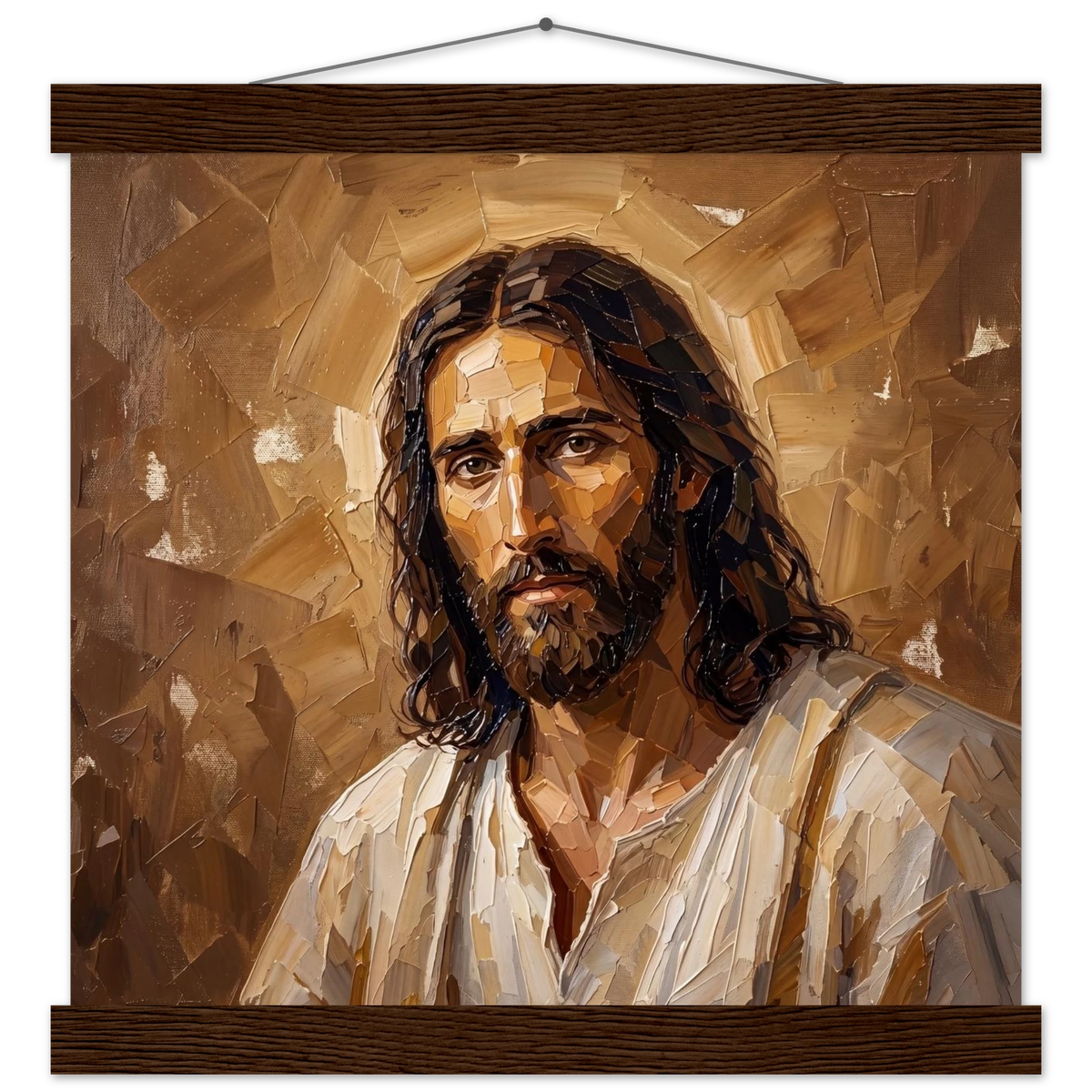 Kind Eyes: jesus, faith and serene gaze. Fine art poster with wooden hanger by The Light Stays.