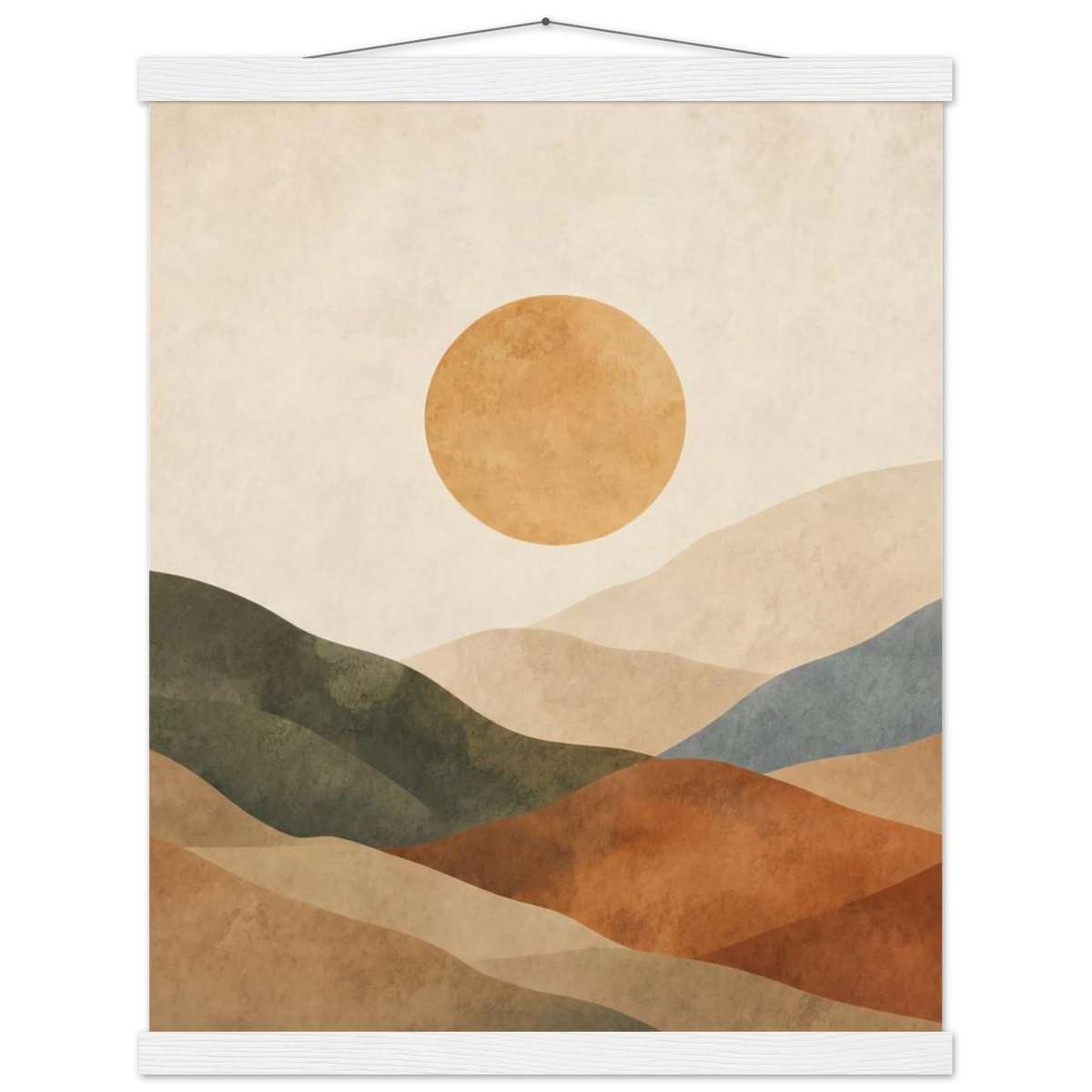 Kindled Earth: sun, hills and ochre palette. Fine art poster with wooden hanger by The Light Stays.
