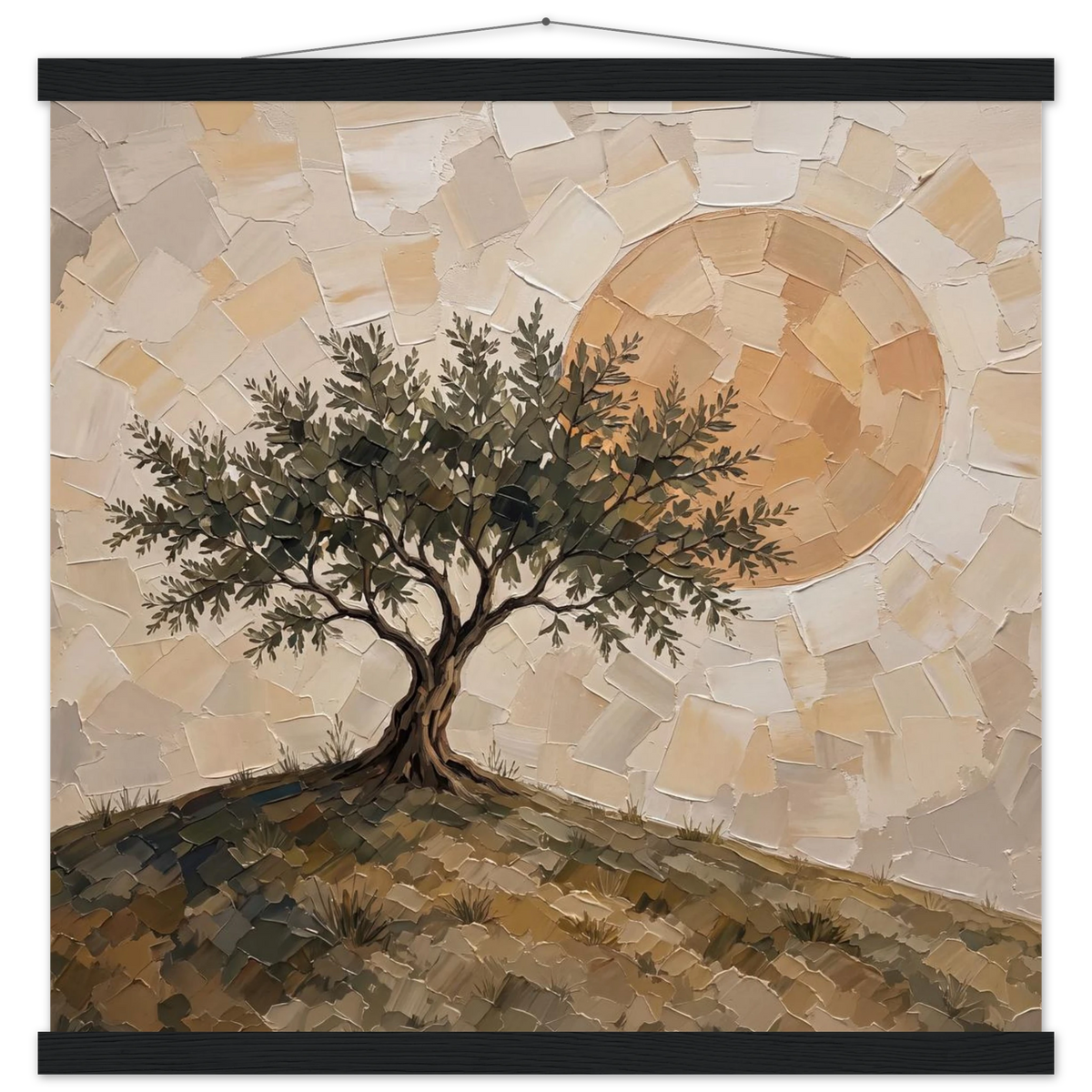 Olive Noon: hills, botanical and golden tones. Fine art poster with wooden hanger by The Light Stays.