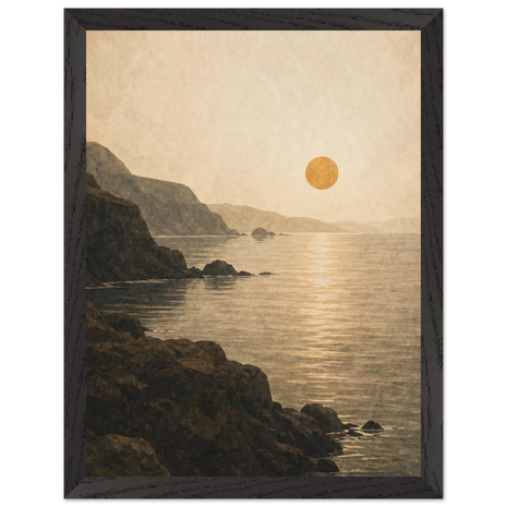 Pintura abstrata de costa calma ao pôr do sol sobre águas abertas em tons de âmbar e areia, em quadro emoldurado