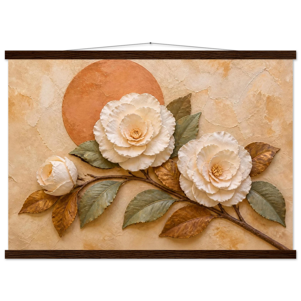 Camellia Eclipse: flowers and botanical. Museum-quality fine art poster.