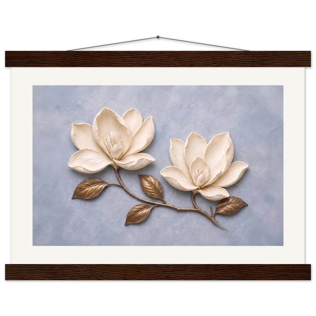 Bronze Magnolia, flowers and botanical. Archival fine art poster shown framed.