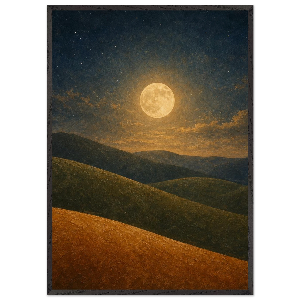 Moon Hills: night, minimalist landscape and charcoal. Framed fine art print by The Light Stays.