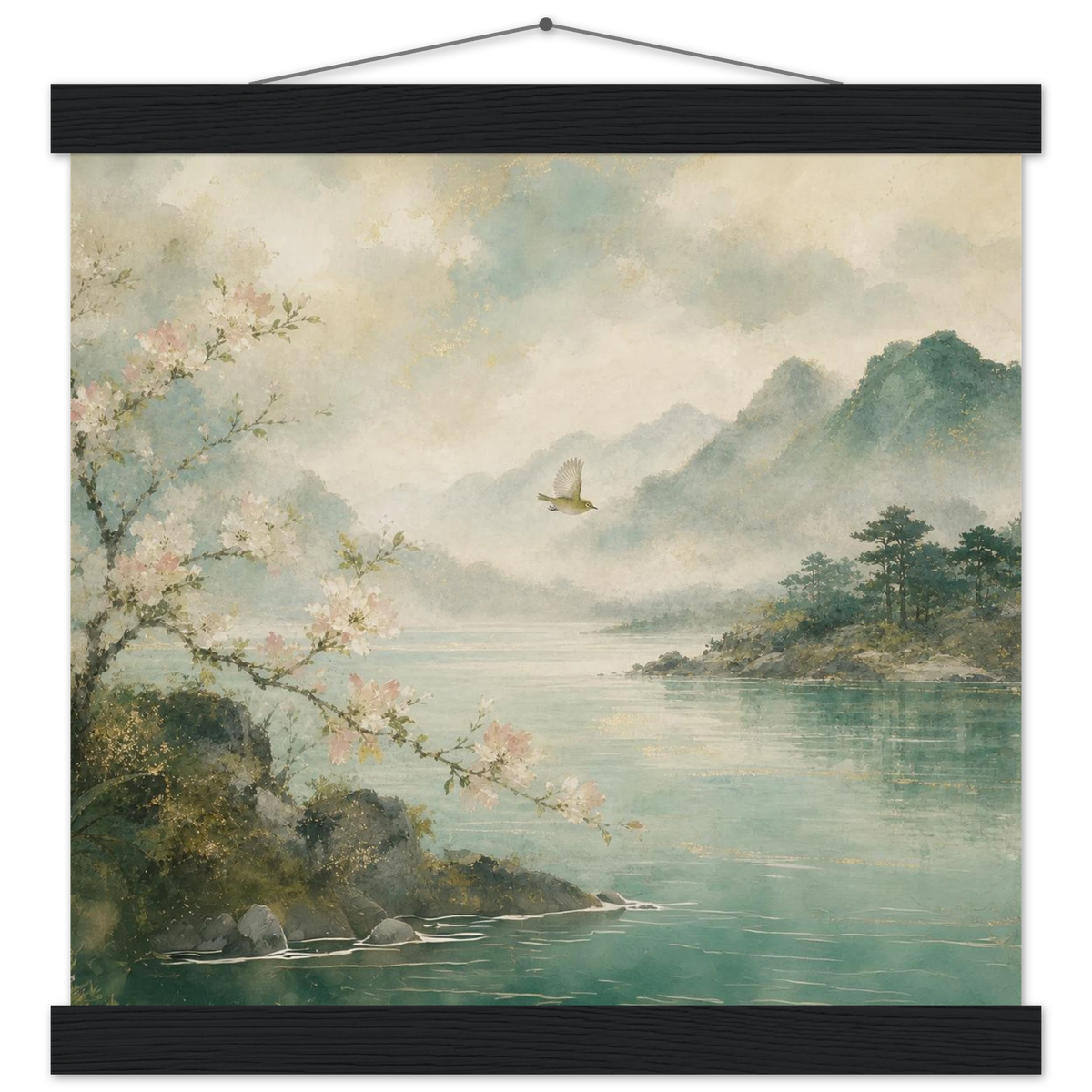 Celadon Flight: birds, japanese landscape and japandi. Fine art poster with wooden hanger by The Light Stays.