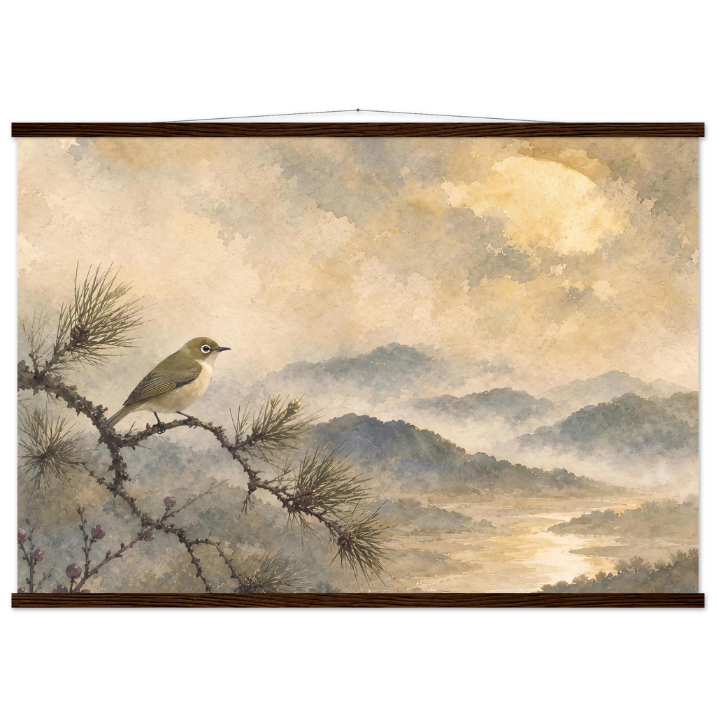 Golden Moon Bird: japanese art and japandi. Museum-quality fine art poster.