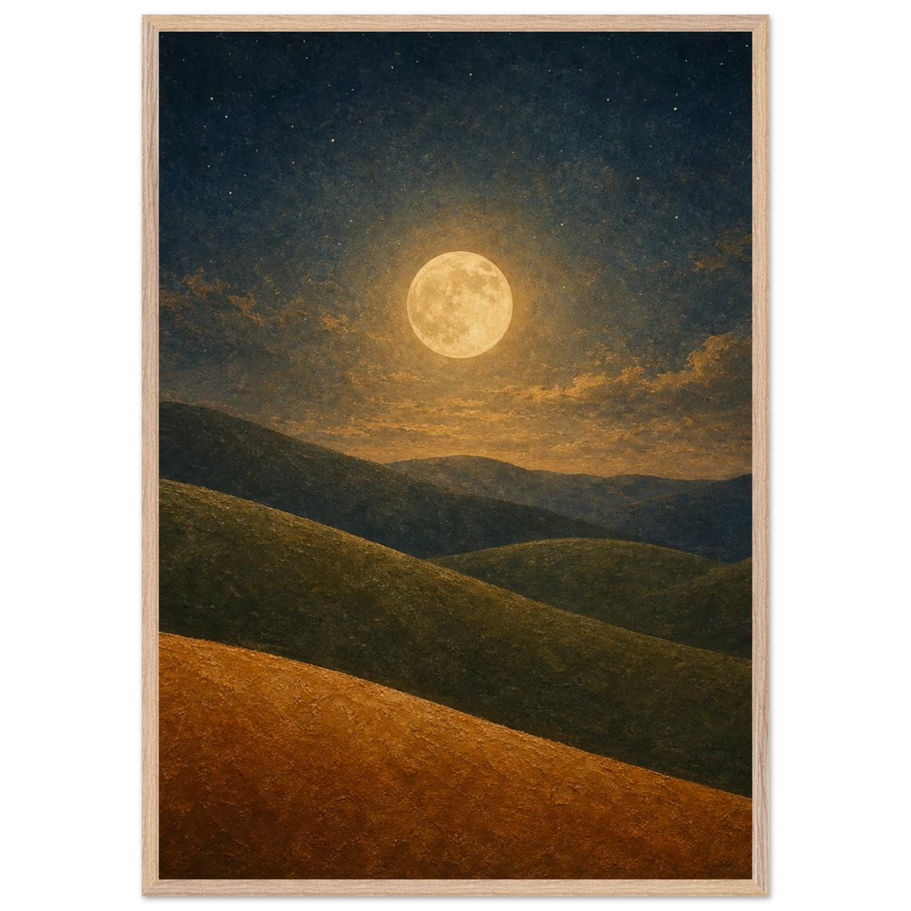 Quadro emoldurado Colinas da Lua, lua cheia sobre colinas em oliva e argila